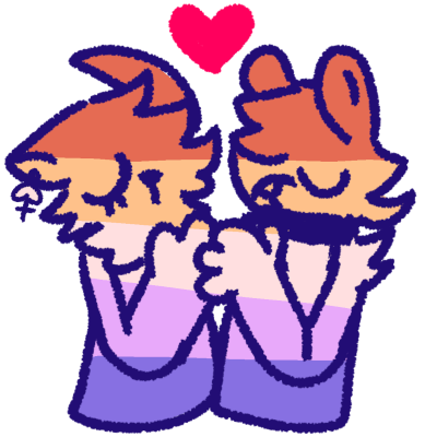 a cat and wolf holding hands. Their fur is the colors of the spade butch flag, which is orange, pale yellow, white, pinkish purple, and purple. There is a pink heart between the two